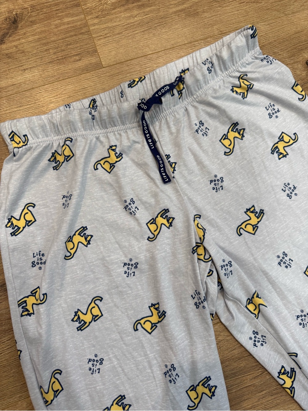 Life Is Good Light Gray Pajama Joggers with Yellow Dog Print and Navy Drawcord